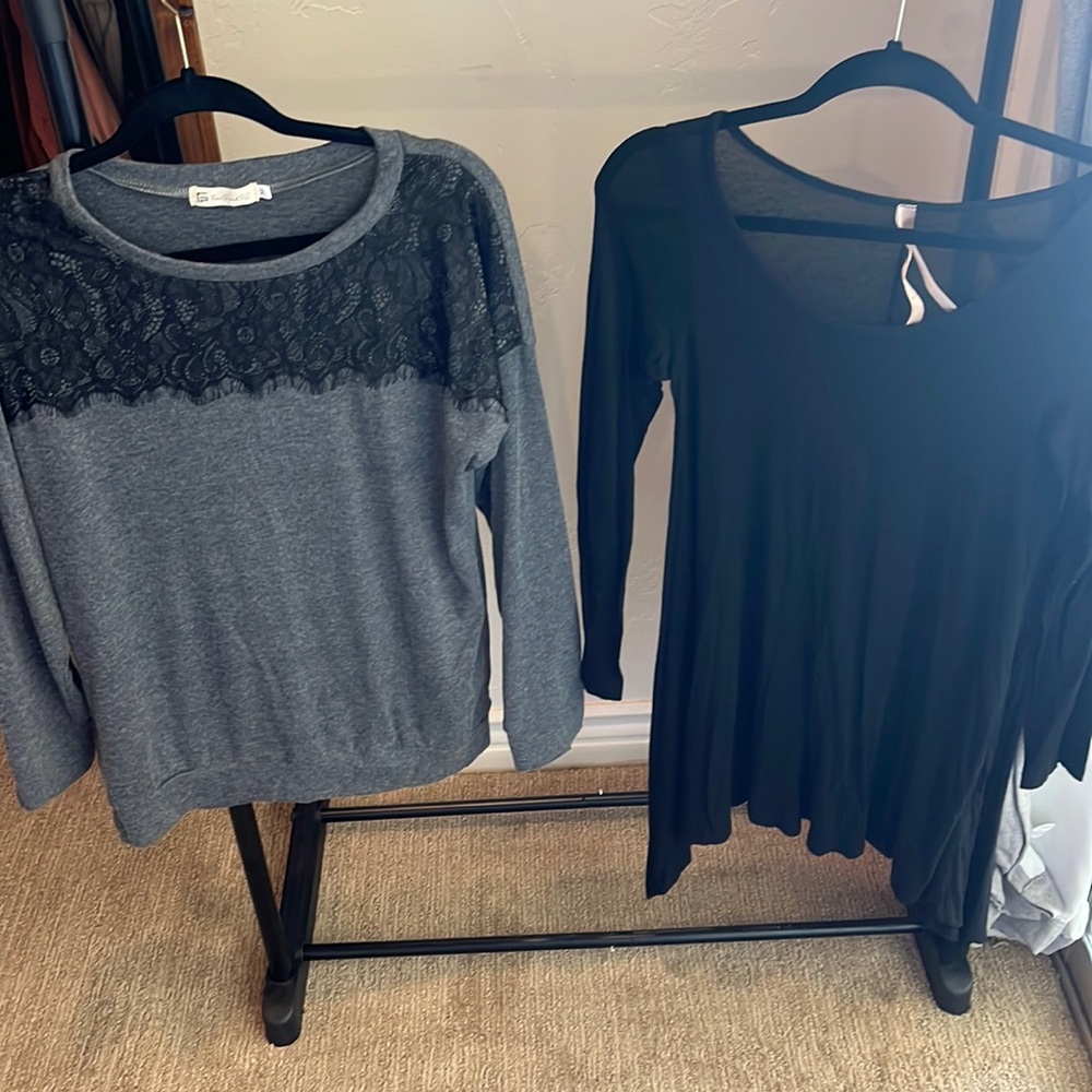 Two black tops 1) grey with black lace 2)black long/med sleeve long top